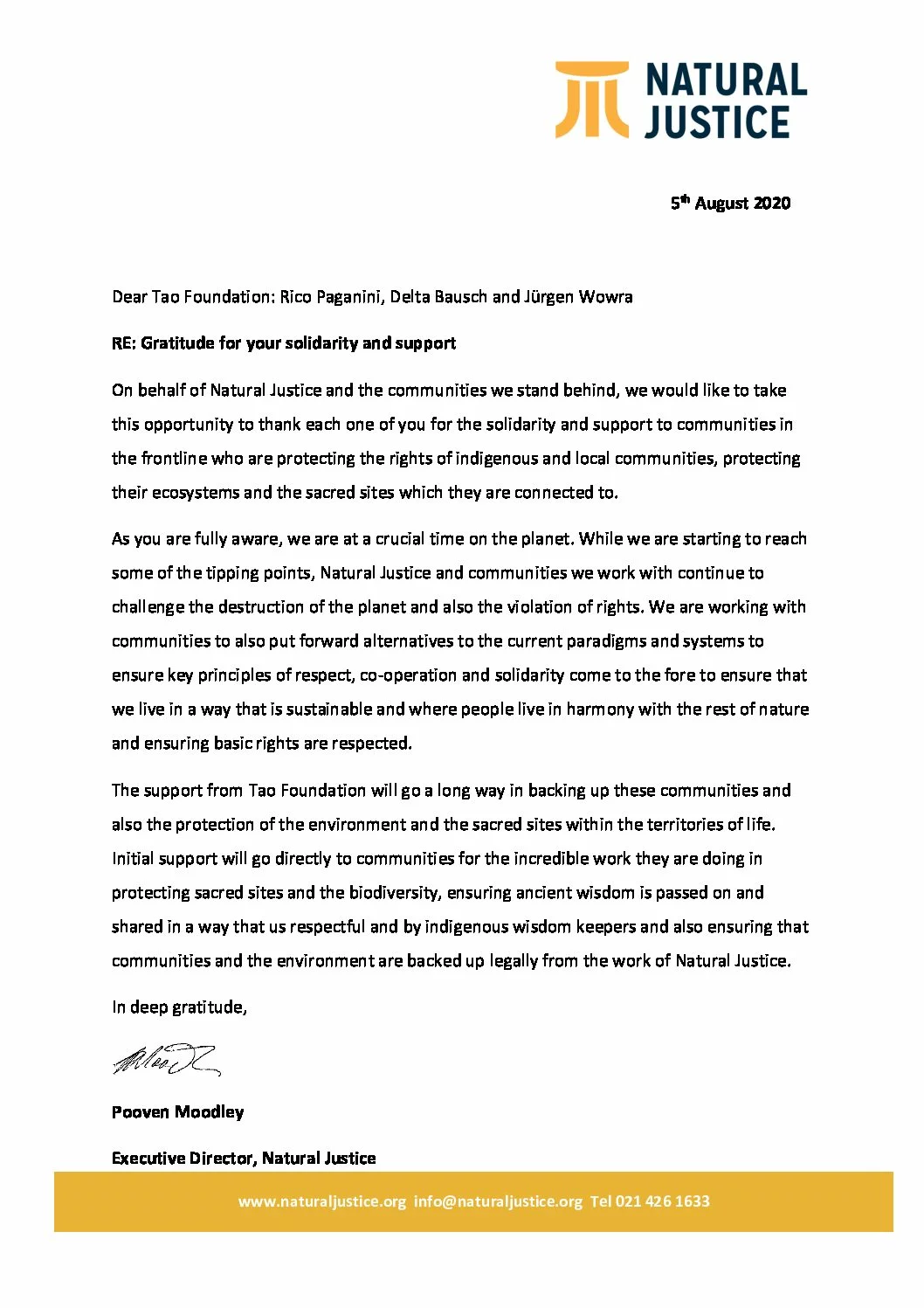 Gratitude for your solidarity and support - Letter to TAO Foundation - Natural Justice